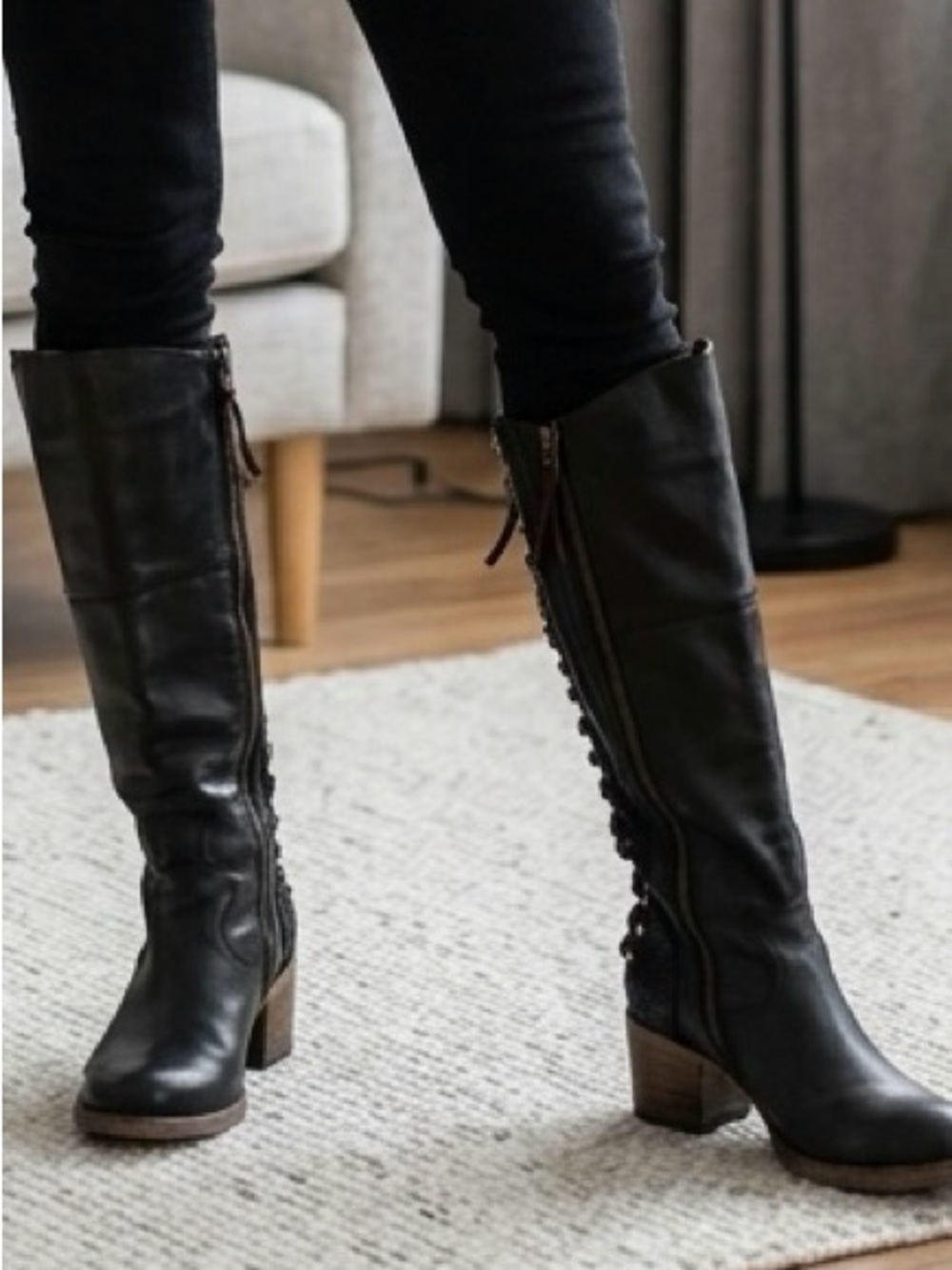Freebird Leather Knee Boots Snake Skin print with Wood-Effect Heel
